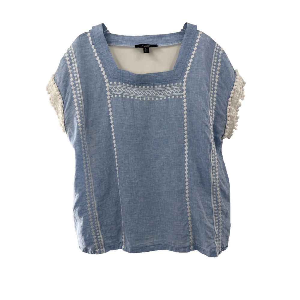 Weekend Max Mara Women's Blue & White Cap Sleeve Embroidered Blouse Medium